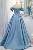 Blue V-Neck Satin Long Prom Dress, Off the Shoulder Evening Dress HZ0429