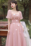 Pink Tulle Long Prom Dresses, Pink A-Line Tulle Party Dresses HZ0429