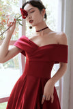 Red Satin A-Line Floor Length Prom Dress, Red  Off Shoulder Evening Dress HZ0429