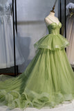 Green Tulle Long Prom Dresses, A-Line Evening Dresses with Train HZ0429