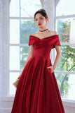 Red Satin A-Line Floor Length Prom Dress, Red  Off Shoulder Evening Dress HZ0429