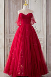 Red Tulle Long Prom Dresses, A-Line Off the Shoulder Formal Dresses HZ0429