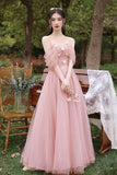 Pink Tulle Long Prom Dresses, Pink A-Line Tulle Party Dresses HZ0429