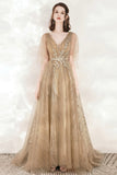 A-Line Tulle Beading Long Prom Dresses, V-Neck Evening Dresses HZ0429