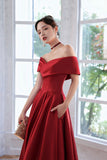Red Satin A-Line Floor Length Prom Dress, Red  Off Shoulder Evening Dress HZ0429