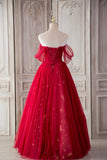 Red Tulle Long Prom Dresses, A-Line Off the Shoulder Formal Dresses HZ0429