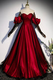 Burgundy Satin Tulle Long Prom Dress, A-Line Sweetheart Neck Evening Dress HZ0429