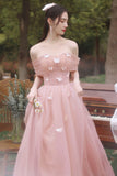 Pink Tulle Long Prom Dresses, Pink A-Line Tulle Party Dresses HZ0429