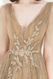 A-Line Tulle Beading Long Prom Dresses, V-Neck Evening Dresses HZ0429