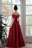 Red Satin A-Line Floor Length Prom Dress, Red  Off Shoulder Evening Dress HZ0429