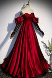Burgundy Satin Tulle Long Prom Dress, A-Line Sweetheart Neck Evening Dress HZ0429