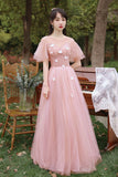 Pink Tulle Long Prom Dresses, Pink A-Line Tulle Party Dresses HZ0429