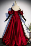 Burgundy Satin Tulle Long Prom Dress, A-Line Sweetheart Neck Evening Dress HZ0429