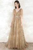 A-Line Tulle Beading Long Prom Dresses, V-Neck Evening Dresses HZ0429