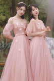 Pink Tulle Long Prom Dresses, Pink A-Line Tulle Party Dresses HZ0429