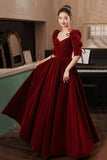 Burgundy Velvet Long Prom Dresses, A-Line Evening Dresses HZ0429