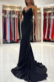 Black V-Neck Long Mermaid Prom Dress, Black Backless Evening Dress HZ0429