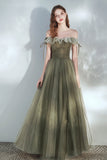 Green Tulle Long Prom Dress, A-Line Off the Shoulder Evening Dress HZ0429