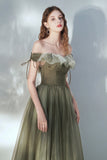 Green Tulle Long Prom Dress, A-Line Off the Shoulder Evening Dress HZ0429