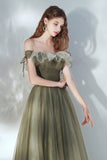 Green Tulle Long Prom Dress, A-Line Off the Shoulder Evening Dress HZ0429