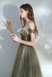 Green Tulle Long Prom Dress, A-Line Off the Shoulder Evening Dress HZ0429
