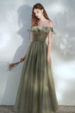 Green Tulle Long Prom Dress, A-Line Off the Shoulder Evening Dress HZ0429