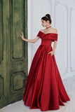 Red Satin A-Line Floor Length Prom Dress, Red  Off Shoulder Evening Dress HZ0429