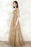 A-Line Tulle Beading Long Prom Dresses, V-Neck Evening Dresses HZ0429