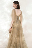 A-Line Tulle Beading Long Prom Dresses, V-Neck Evening Dresses HZ0429