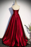Burgundy Satin Tulle Long Prom Dress, A-Line Sweetheart Neck Evening Dress HZ0429
