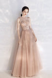 Pink Spaghetti Lace Long Prom Dresses, Cute A-Line Graduation Dresses HZ0429