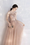 Pink Spaghetti Lace Long Prom Dresses, Cute A-Line Graduation Dresses HZ0429