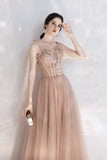 Pink Spaghetti Lace Long Prom Dresses, Cute A-Line Graduation Dresses HZ0429
