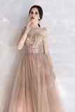 Pink Spaghetti Lace Long Prom Dresses, Cute A-Line Graduation Dresses HZ0429