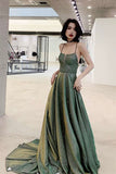 Green A-Line Backless Long Prom Dresses, Evening Dresses HZ0429