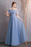 Blue Tulle Long Prom Dresses, A-Line Bridesmaid Dresses HZ0429