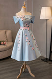 Blue Satin Off the Shoulder Prom Dresses, A-Line Homecoming Dresses HZ0429