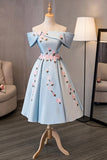 Blue Satin Off the Shoulder Prom Dresses, A-Line Homecoming Dresses HZ0429