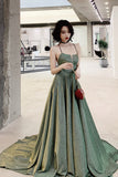 Green A-Line Backless Long Prom Dresses, Evening Dresses HZ0429