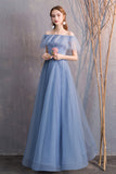 Blue Tulle Long Prom Dresses, A-Line Bridesmaid Dresses HZ0429