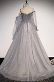 Gray Tulle Sequins Long Prom Dress, Long Sleeve Evening Dress HZ0429