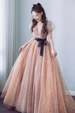 Cute Tulle Long Prom Dress, A-Line Short Sleeve Evening Party Dress HZ0429