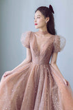 Cute Tulle Long Prom Dress, A-Line Short Sleeve Evening Party Dress HZ0429
