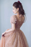 Cute Tulle Long Prom Dress, A-Line Short Sleeve Evening Party Dress HZ0429