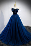 Blue Velvet Tulle Long Prom Dresses, A-Line Strapless Evening Dresses HZ0429