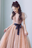 Cute Tulle Long Prom Dress, A-Line Short Sleeve Evening Party Dress HZ0429