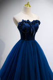 Blue Velvet Tulle Long Prom Dresses, A-Line Strapless Evening Dresses HZ0429