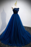 Blue Velvet Tulle Long Prom Dresses, A-Line Strapless Evening Dresses HZ0429