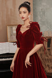 Burgundy Velvet Long Prom Dresses, A-Line Evening Dresses HZ0429