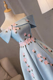 Blue Satin Off the Shoulder Prom Dresses, A-Line Homecoming Dresses HZ0429